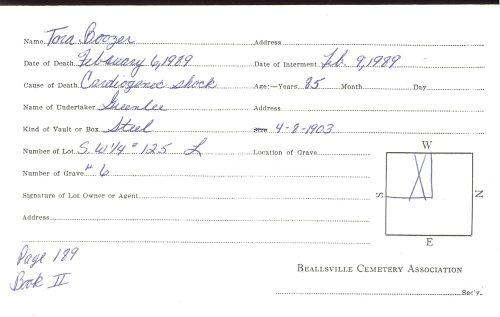 Tora Boozer burial card